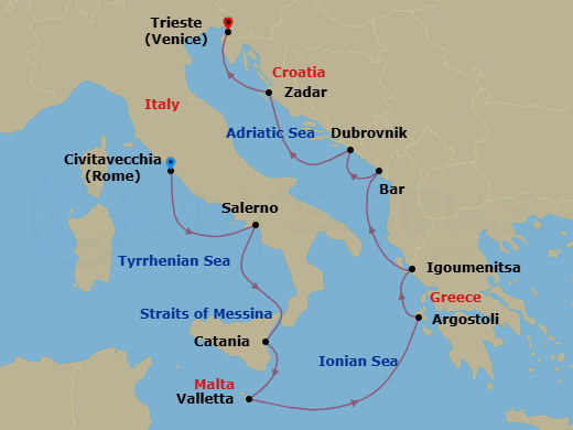 Route map: Rome (Civitavecchia) → Salerno → Catania (Sicily) → Valletta → Argostoli (Cephalonia) → Igoumenitsa → Bar → Dubrovnik → Zadar → Trieste