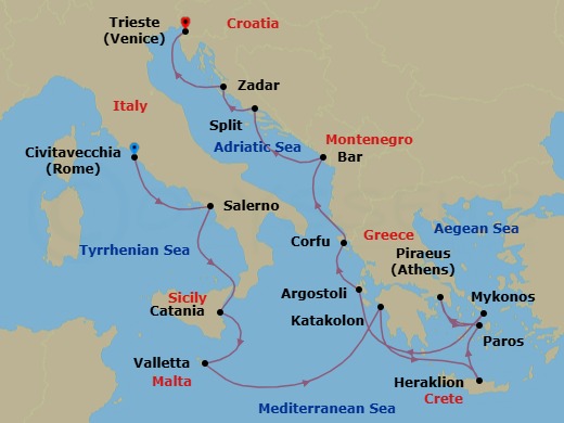 Route map: Rome (Civitavecchia) → Salerno → Catania (Sicily) → Valletta → Katakolon → Heraklion (Crete) → Paros → Athens (Piraeus) → Mykonos → Argostoli (Cephalonia)