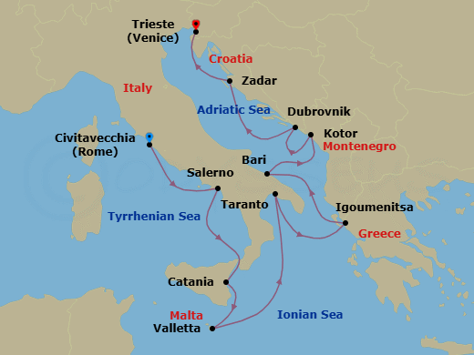 Route map: Rome (Civitavecchia) → Salerno → Catania (Sicily) → Valletta → Taranto → Igoumenitsa → Bari → Kotor → Dubrovnik → Zadar