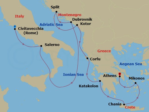 Route map: Civitavecchia (for Rome), Italy → Amalfi Coast (Salerno) → Dubrovnik, Croatia → Split, Croatia → Kotor, Montenegro → Corfu, Greece → Katakolon (for Olympia), Greece → Crete (Chania), Greece → Mykonos, Greece → Athens (Piraeus), Greece
