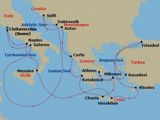 Route map: Civitavecchia (for Rome), Italy → Amalfi Coast (Salerno) → Dubrovnik, Croatia → Split, Croatia → Kotor, Montenegro → Corfu, Greece → Katakolon (for Olympia), Greece → Crete (Chania), Greece → Mykonos, Greece → Athens (Piraeus), Greece