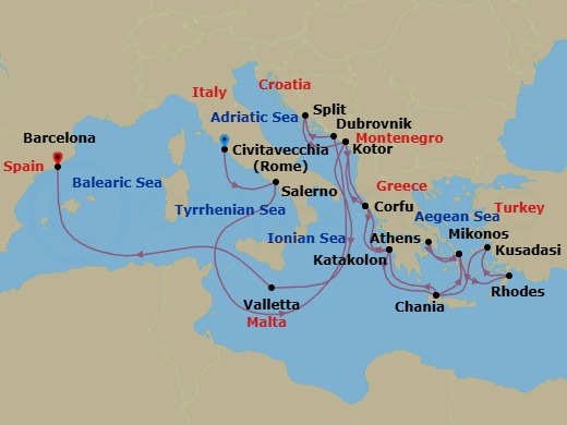 Route map: Civitavecchia (for Rome), Italy → Amalfi Coast (Salerno) → Dubrovnik, Croatia → Split, Croatia → Kotor, Montenegro → Corfu, Greece → Katakolon (for Olympia), Greece → Crete (Chania), Greece → Mykonos, Greece → Athens (Piraeus), Greece