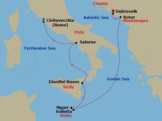 Route map: Civitavecchia (Rome), Italy → Salerno, Italy → Giardini Naxos (Taormina), Italy → Mgarr (Victoria), Gozo, Malta → Valletta, Malta → Kotor, Montenegro → Dubrovnik, Croatia