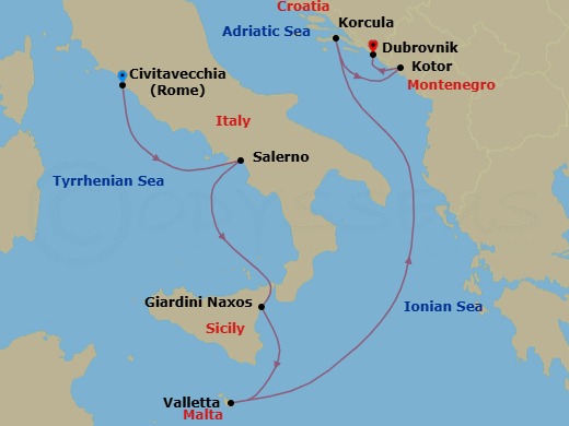 Route map: Civitavecchia (Rome), Italy → Salerno, Italy → Giardini Naxos (Taormina), Italy → Valletta, Malta → Korcula, Croatia → Kotor, Montenegro → Dubrovnik, Croatia