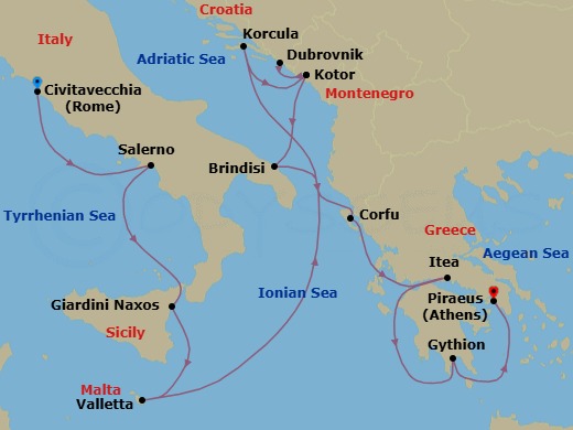 Route map: Civitavecchia (Rome), Italy → Salerno, Italy → Giardini Naxos (Taormina), Italy → Valletta, Malta → Korcula, Croatia → Kotor, Montenegro → Dubrovnik, Croatia → Kotor, Montenegro → Brindisi (Lecce), Italy → Corfu, Greece