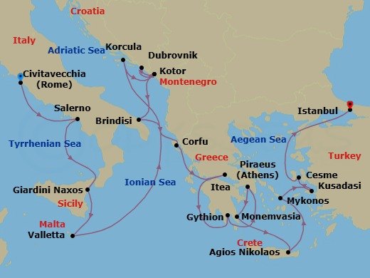 Route map: Civitavecchia (Rome), Italy → Salerno, Italy → Giardini Naxos (Taormina), Italy → Valletta, Malta → Korcula, Croatia → Kotor, Montenegro → Dubrovnik, Croatia → Kotor, Montenegro → Brindisi (Lecce), Italy → Corfu, Greece