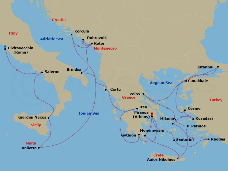 Route map: Civitavecchia (Rome), Italy → Salerno, Italy → Giardini Naxos (Taormina), Italy → Valletta, Malta → Korcula, Croatia → Kotor, Montenegro → Dubrovnik, Croatia → Kotor, Montenegro → Brindisi (Lecce), Italy → Corfu, Greece