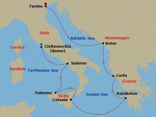 Route map: Rome (Civitavecchia) → Salerno → Palermo (Sicily) → Catania (Sicily) → Katakolon → Corfu → Kotor → Venice (Fusina)