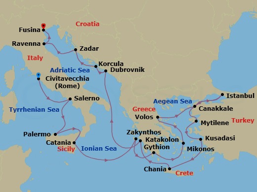 Route map: Rome (Civitavecchia) → Salerno → Palermo (Sicily) → Catania (Sicily) → Zakynthos → Gythion → Mykonos → Volos → Canakkale (Troy) → Istanbul
