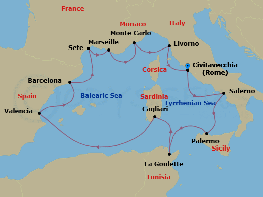 Route map: Rome (Civitavecchia) → Salerno → Palermo Sicily → Tunis (La Goulette) → Sardinia (Cagliari) → Valencia → Barcelona → Sete → Marseille → Monte Carlo