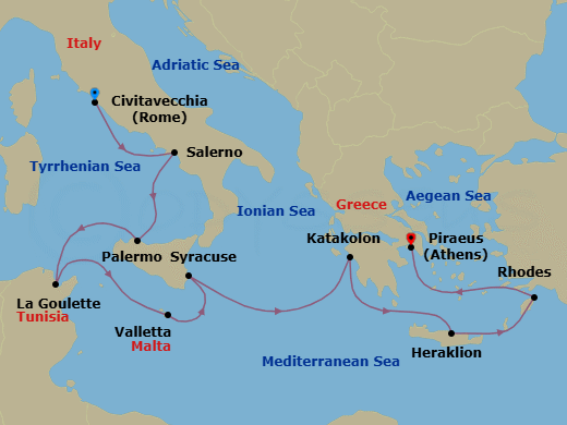 Route map: Rome (Civitavecchia) → Salerno → Palermo (Sicily) → Tunis (La Goulette) → Valletta → Syracuse (Sicily) → Katakolon → Heraklion (Crete) → Rhodes → Athens (Piraeus)