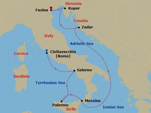 Route map: Rome (Civitavecchia) → Salerno → Palermo (Sicily) → Messina (Sicily) → Zadar → Koper → Venice (Fusina)