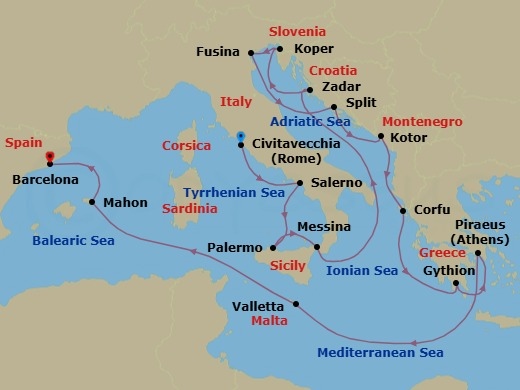 Route map: Rome (Civitavecchia) → Salerno → Palermo (Sicily) → Messina (Sicily) → Zadar → Koper → Venice (Fusina) → Split → Kotor → Corfu