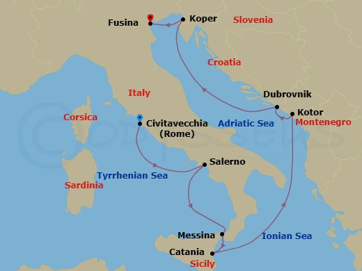 Route map: Rome (Civitavecchia) → Salerno → Messina (Sicily) → Catania (Sicily) → Kotor → Dubrovnik → Koper → Venice (Fusina)