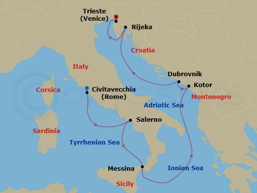 Route map: Rome (Civitavecchia) → Salerno → Messina (Sicily) → Kotor → Dubrovnik → Rijeka → Venice (Trieste)