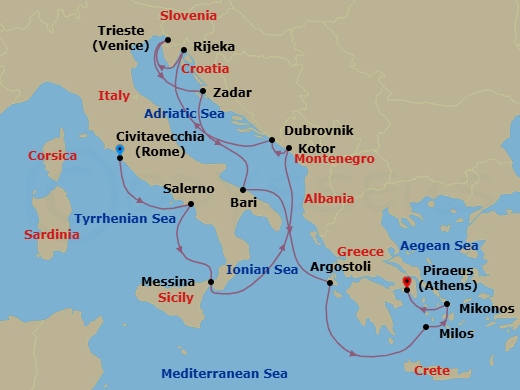 Route map: Rome (Civitavecchia) → Salerno → Messina (Sicily) → Kotor → Dubrovnik → Rijeka → Venice (Trieste) → Zadar → Bari → Argostoli (Cephalonia)