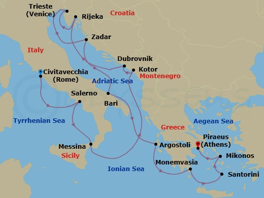 Route map: Rome (Civitavecchia) → Salerno → Messina (Sicily) → Kotor → Dubrovnik → Rijeka → Venice (Trieste) → Zadar → Bari → Argostoli (Cephalonia)