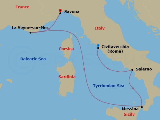 Route map: Rome (Civitavecchia) → Salerno → Messina → Toulon → Savona