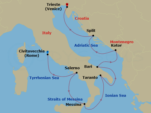 Route map: Rome (Civitavecchia) → Salerno → Messina (Sicily) → Taranto → Bari → Kotor → Split → Trieste