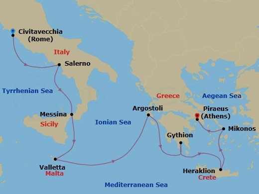 Route map: Rome (Civitavecchia) → Salerno → Messina (Sicily) → Valletta → Argostoli (Cephalonia) → Gythion → Heraklion (Crete) → Mykonos → Athens (Piraeus)