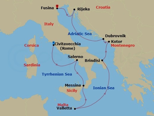 Route map: Rome (Civitavecchia) → Salerno → Messina (Sicily) → Valletta → Brindisi → Kotor → Dubrovnik → Rijeka → Venice (Fusina)