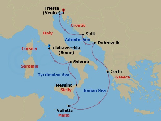 Route map: Rome (Civitavecchia) → Salerno → Messina (Sicily) → Valletta → Corfu → Dubrovnik → Split → Trieste