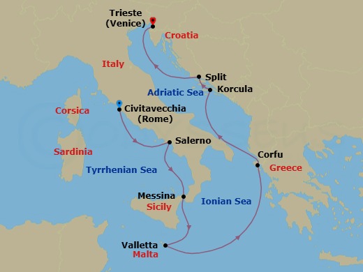 Route map: Rome (Civitavecchia) → Salerno → Messina (Sicily) → Valletta → Corfu → Korcula → Split → Trieste