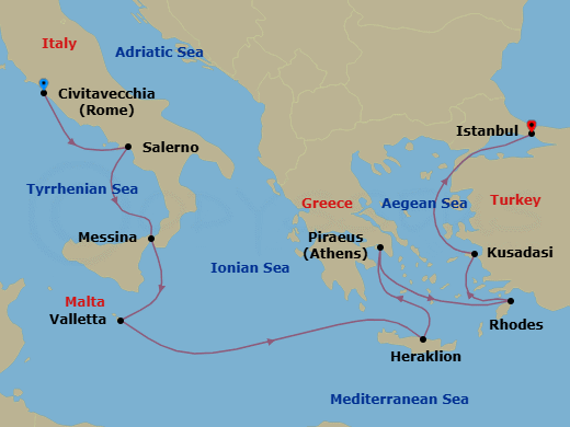 Route map: Rome (Civitavecchia) → Salerno → Messina (Sicily) → Valletta → Heraklion (Crete) → Athens (Piraeus) → Rhodes → Ephesus (Kusadasi) → Istanbul