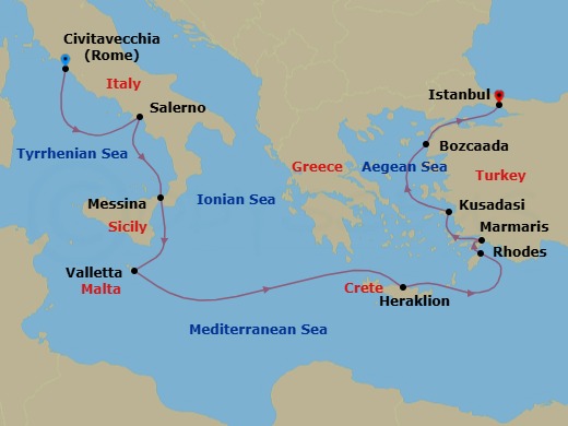 Route map: Rome (Civitavecchia) → Salerno → Messina (Sicily) → Valletta → Heraklion (Crete) → Rhodes → Marmaris → Ephesus (Kusadasi) → Bozcaada (Troy) → Istanbul