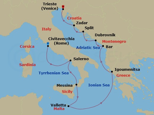 Route map: Rome (Civitavecchia) → Salerno → Messina (Sicily) → Valletta → Igoumenitsa → Bar → Dubrovnik → Split → Zadar → Trieste