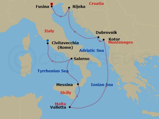 Route map: Rome (Civitavecchia) → Salerno → Messina (Sicily) → Valletta → Kotor → Dubrovnik → Rijeka → Venice (Fusina)