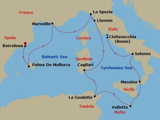 Route map: Civitavecchia  Rome, Italy → Amalfi Coast (Salerno), Italy → Messina, Italy → Valletta, Malta → La Goulette, Tunisia → Cagliari  Sardinia, Italy → Livorno  Florence Pisa, Italy → La Spezia, Italy → Provence  Marseille, France → Palma Majorca, Spain