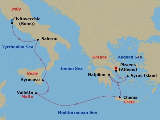 Route map: Civitavecchia (Rome) → Salerno → Siracusa (Sicily) → Valletta → Souda (Chania) → Nafplio → Syros → Athens (Piraeus)