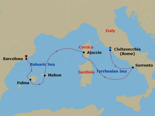Route map: Civitavecchia (Rome) → Sorrento → Ajaccio (Corsica) → Mahon (Menorca) → Palma De Mallorca → Barcelona