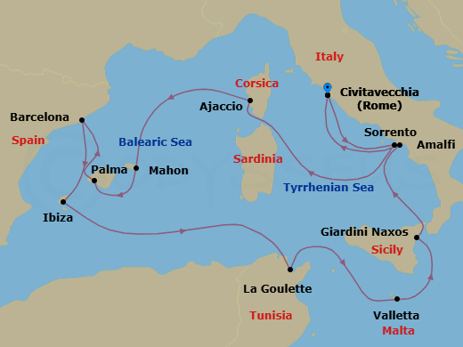 Route map: Civitavecchia (Rome) → Sorrento → Ajaccio (Corsica) → Mahon (Menorca) → Palma De Mallorca → Barcelona → Ibiza → Tunis/La Goulette → La Valletta → Giardini Naxos