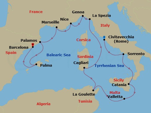 Route map: Rome (Civitavecchia) → Sorrento/Capri → Catania (Sicily) → Valletta → Tunis (La Goulette) → Cagliari (Sardinia) → Cinque Terre (La Spezia) → Genoa → Nice → Provence (Marseille)