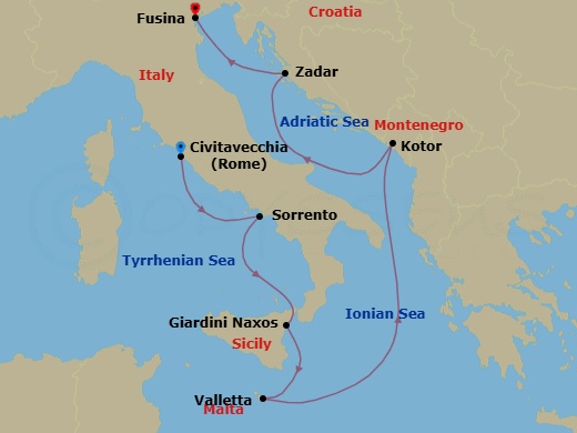 Route map: Civitavecchia (Rome), Italy → Sorrento, Italy → Giardini Naxos (Taormina), Italy → Valletta, Malta → Kotor, Montenegro → Zadar, Croatia → Fusina (Venice), Italy