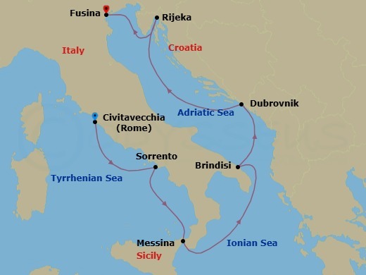 Route map: Civitavecchia (Rome) → Sorrento → Messina (Sicily) → Brindisi → Dubrovnik → Rijeka → Fusina (Venice)