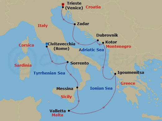 Route map: Rome (Civitavecchia) → Sorrento/Capri → Messina (Sicily) → Valletta → Igoumenitsa → Kotor → Dubrovnik → Zadar → Venice (Trieste)