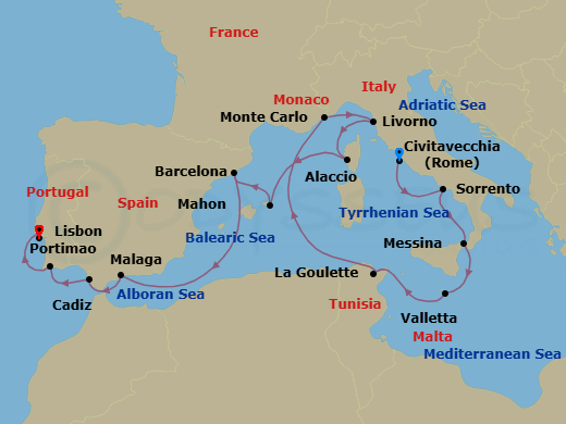Route map: Civitavecchia (Rome) → Sorrento → Messina → Valletta → Tunis (La Goulette) → Monte Carlo → Livorno (Tuscany) → Ajaccio (Corsica) → Porto Mahon → Barcelona