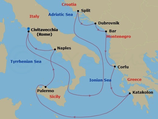 Route map: Rome (Civitavecchia), Italy → Split, Croatia → Dubrovnik, Croatia → Bar, Montenegro → Corfu, Greece → Olympia (Katakolon), Greece → Sicily (Palermo),Italy → Naples, Italy → Rome (Civitavecchia), Italy