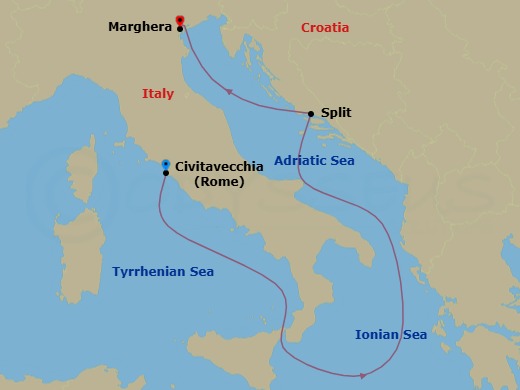 Route map: Rome (Civitavecchia) → Split → Marghera