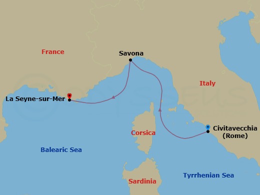 Route map: Civitavecchia (Rome) → Savona → La Seyne(StTropez)