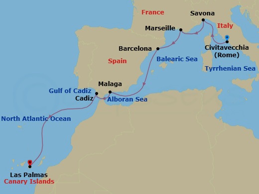 Route map: Civitavecchia (Rome) → Savona → Marseille → Barcelona → Malaga → Cadiz → Las Palmas (Gran Canaria)