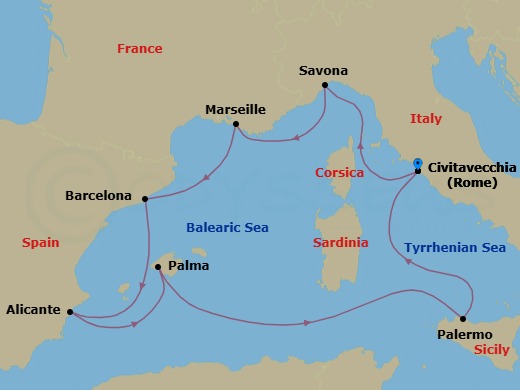 Route map: Civitavecchia (Rome) → Savona → Marseille → Barcelona → Alicante → PALMA DE MALLORCA → Palermo → Civitavecchia (Rome)