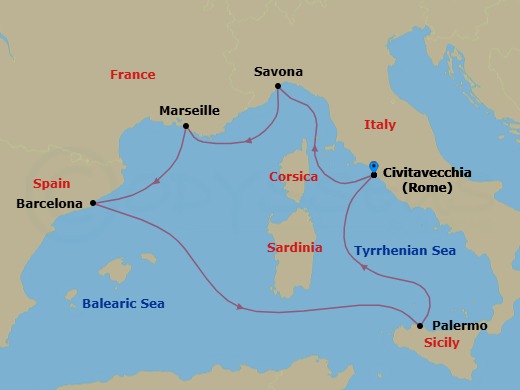 Route map: Civitavecchia (Rome) → Savona → Marseille → Barcelona → Palermo → Civitavecchia (Rome)