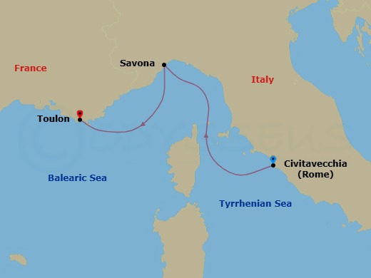 Route map: Rome (Civitavecchia) → Savona → Toulon