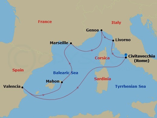 Route map: Rome (Civitavecchia) → Valencia → Genoa (Portofino) Italien → Marseille → Genoa → Livorno → Rome (Civitavecchia)
