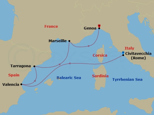 Route map: Civitavecchia (Rome) Italy → Valencia Spain → Tarragona Spain → Marseille (Provence) France → Genoa (Portofino) Italy