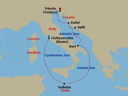 Route map: Civitavecchia (tours to Rome),Italy → Valletta, Malta → Bari, Italy → Split, Croatia → Zadar, Croatia → Trieste, Italy